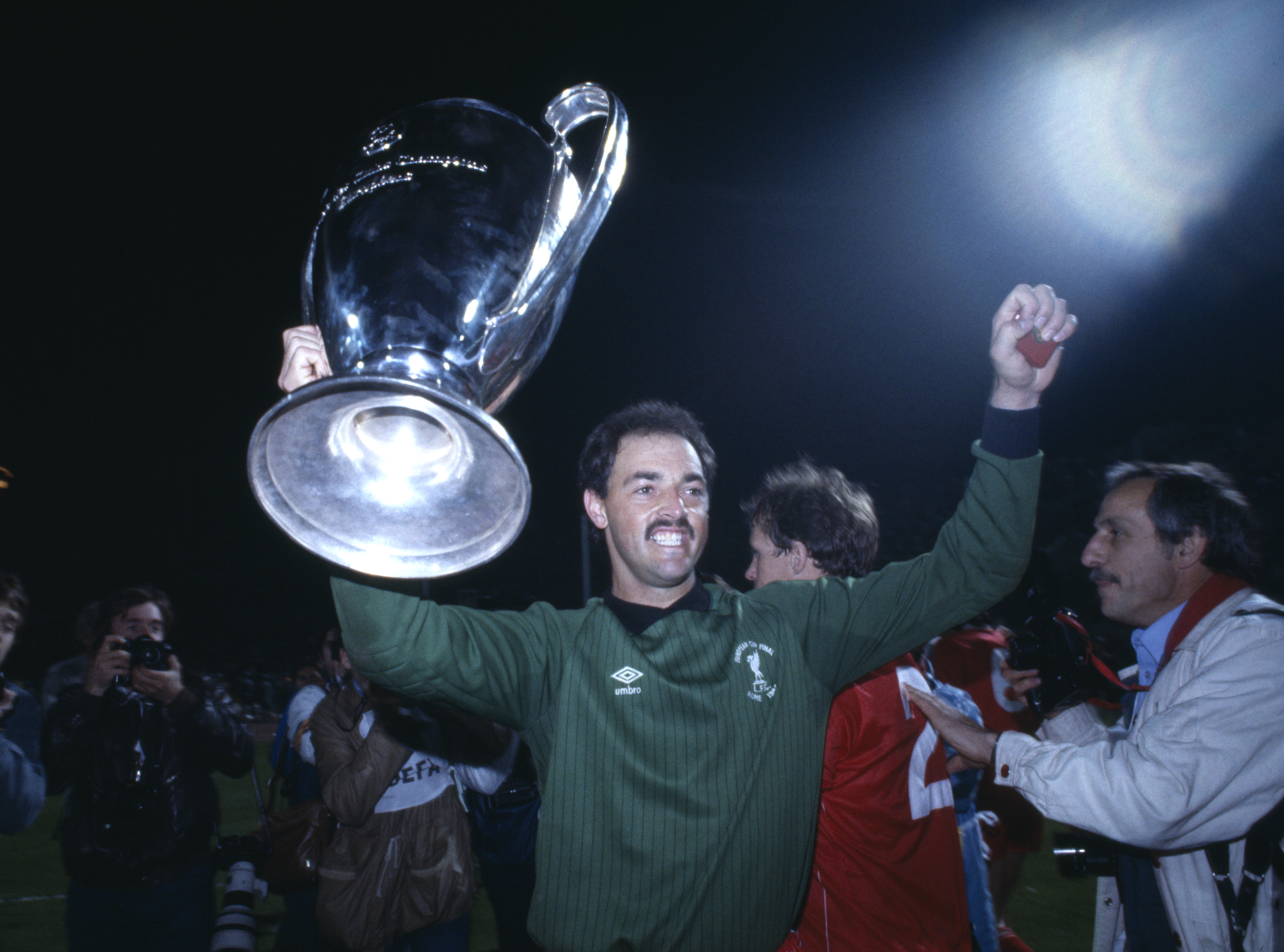European Cup final at the Olympic Stadium in Rome, 30 May 1984 Liverpool goalkeeper Bruce Grobbelaar with the trophy