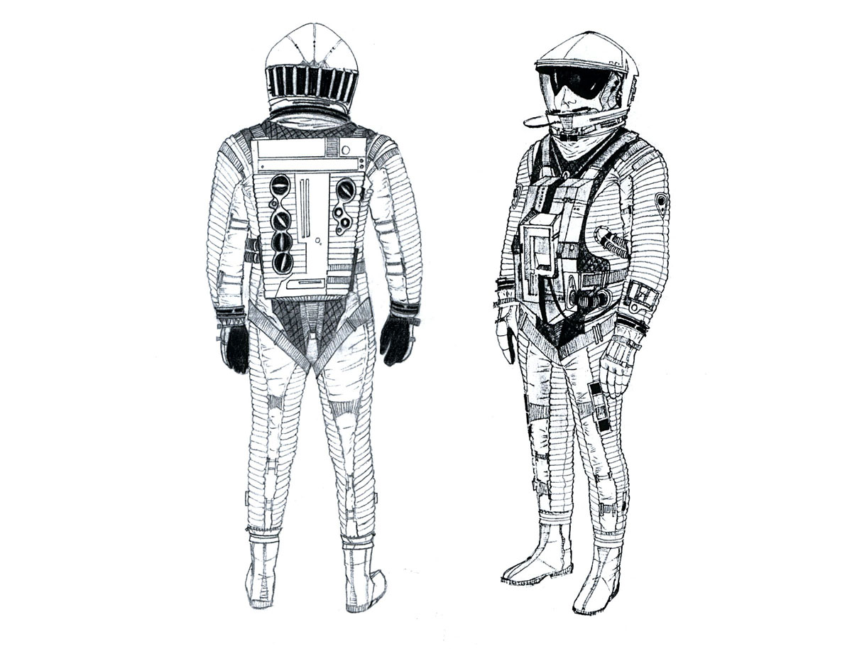 Concept designs by Harry Lange for the spacesuits and helmets used in the film 2001: A Space Odyssey