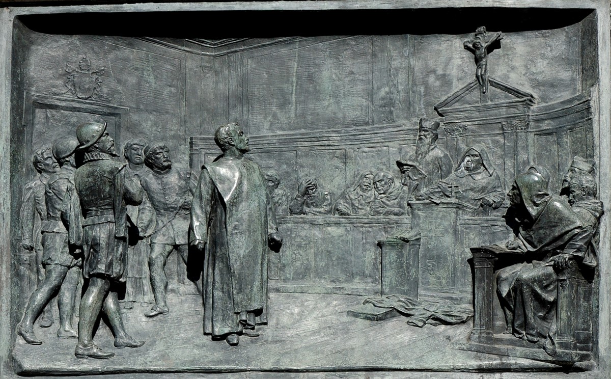 The trial of Giordano Bruno by the Roman Inquisition. Bronze relief by Ettore Ferrari (1845-1929), Campo de' Fiori, Rome.