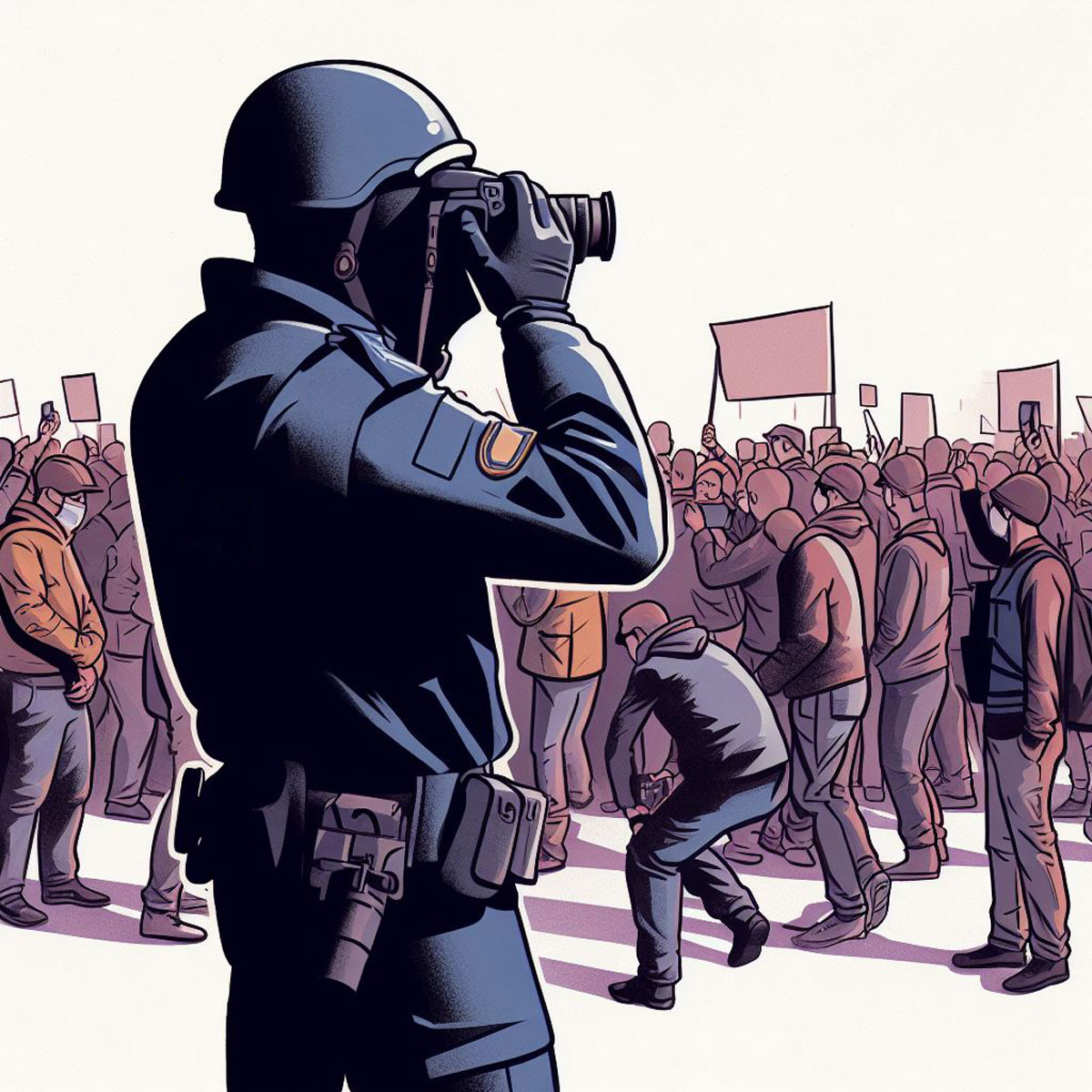 italian police takes photos of people attending a protest in Italy - Illustration