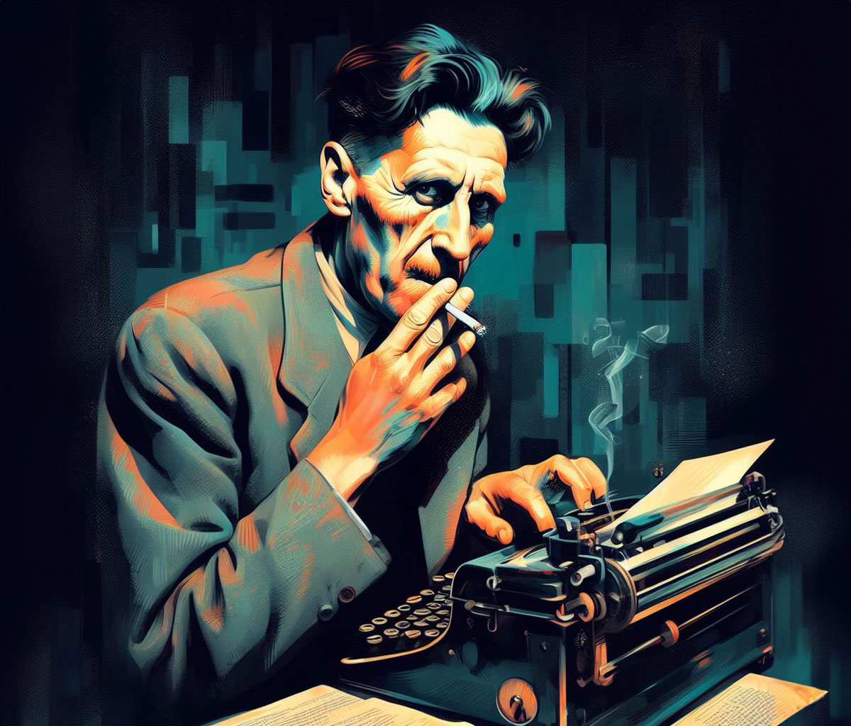 Portrait of George Orwell at his typewriter - Digital art by Poccioro