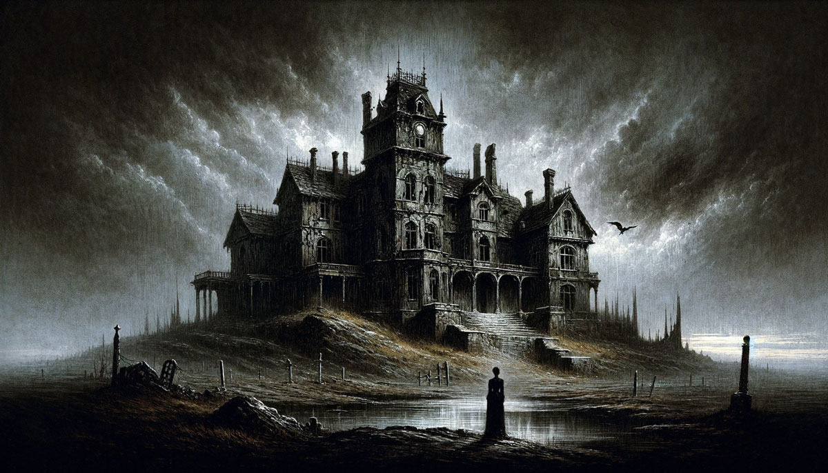 A haunting illustration for 'The Fall of the House of Usher' by Edgar Allan Poe